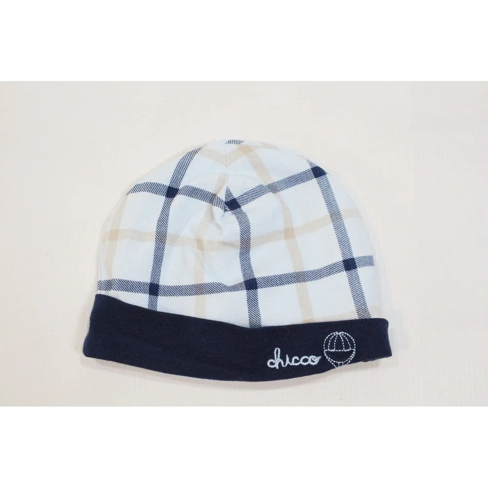 Chicco Baby Beanie Hat Plaid Blue Navy Tan Embroidered Logo 1-3 Months TS102